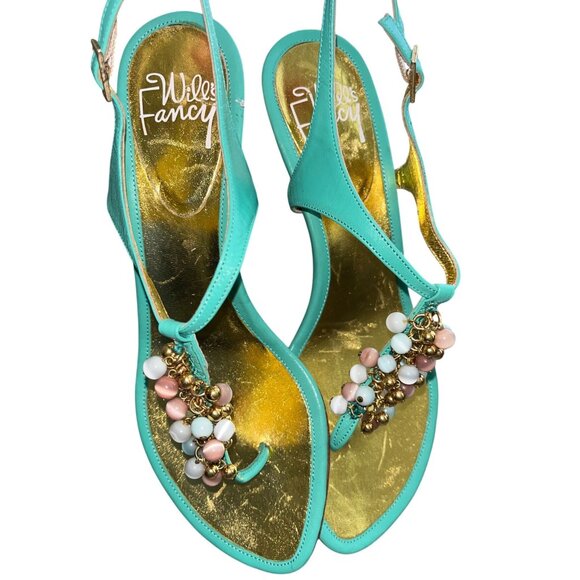 Will's Fancy Made In Italy Beaded Kitten Heels-Turquoise Leather, Size 7M - Picture 6 of 12